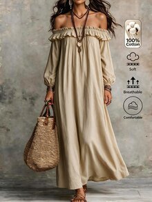 Omancia Gaun Wanita Lengan Panjang Berkerut dengan Bahu Terbuka, Gaun Linen Longgar yang Melangsingkan - Khaki - View 4
