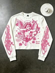 ROMWE MEN 2026 春/秋/冬新款可愛校園青年休閒男士T恤，中性情侶款女裝時尚街頭風美式復古長袖圓領上衣 - 白色 - 查看 3