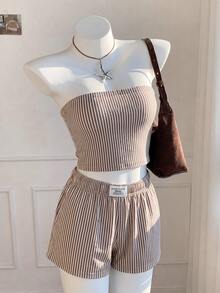 Conjunto femenino 2 piezas rayado azul y blanco, top bandeau + shorts, estilo casual minimalista retro elegante, versátil para verano, oficina, playa y vacaciones - Multicolor 3 - Ver 7