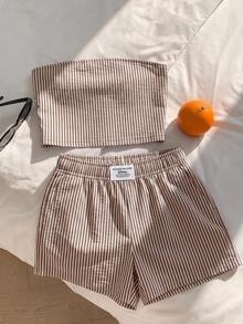 Conjunto femenino 2 piezas rayado azul y blanco, top bandeau + shorts, estilo casual minimalista retro elegante, versátil para verano, oficina, playa y vacaciones - Multicolor 3 - Ver 4