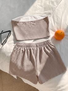 Conjunto femenino 2 piezas rayado azul y blanco, top bandeau + shorts, estilo casual minimalista retro elegante, versátil para verano, oficina, playa y vacaciones - Multicolor 3 - Ver 5
