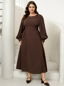 SHEIN LUNE Plus Lantern Sleeve Ruched Waist Dress Autumn Thanksgiving Formal Office Birthday Brown Casual Elegant - Brown - View 7