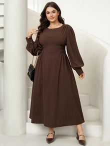 SHEIN LUNE Plus Lantern Sleeve Ruched Waist Dress Autumn Thanksgiving Formal Office Birthday Brown Casual Elegant - Brown - View 4