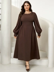 SHEIN LUNE Plus Lantern Sleeve Ruched Waist Dress Autumn Thanksgiving Formal Office Birthday Brown Casual Elegant - Brown - View 5