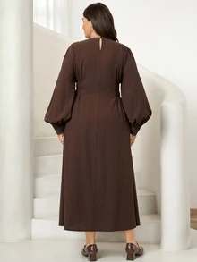 SHEIN LUNE Plus Lantern Sleeve Ruched Waist Dress Autumn Thanksgiving Formal Office Birthday Brown Casual Elegant - Brown - View 2