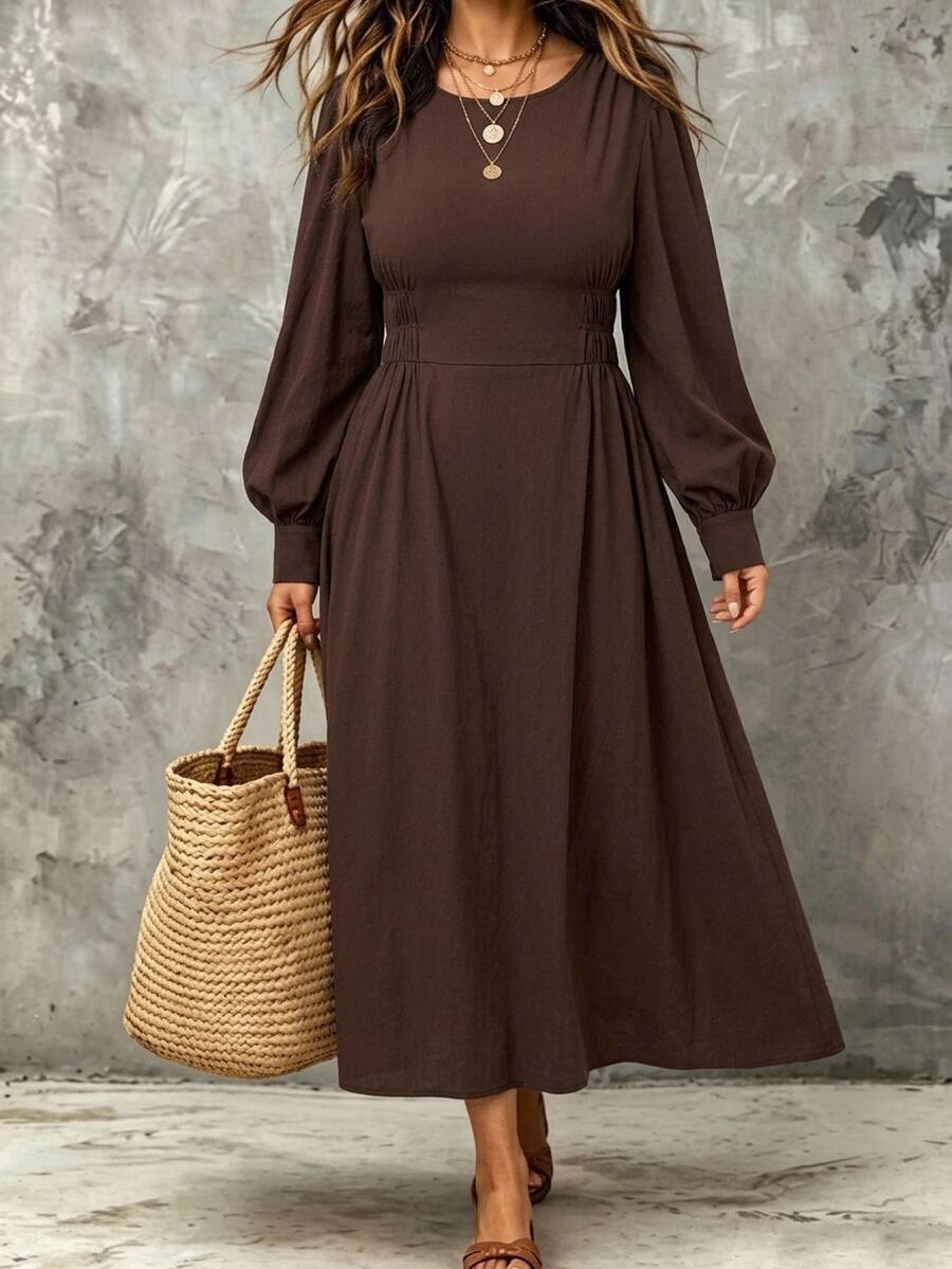 SHEIN LUNE Plus Lantern Sleeve Ruched Waist Dress Autumn Thanksgiving Formal Office Birthday Brown Casual Elegant - Brown - View 1