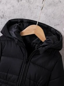 Elladie kids 1件女童2026冬季新款黑色絎縫長款加厚棉襖外套，前拉鍊設計，彈性袖口，附帽，保暖時尚百搭戶外通勤夾克 - 黑色 - 查看 5