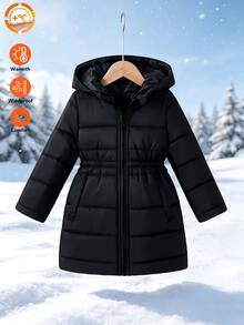 Elladie kids 1件女童2026冬季新款黑色絎縫長款加厚棉襖外套，前拉鍊設計，彈性袖口，附帽，保暖時尚百搭戶外通勤夾克 - 黑色 - 查看 4