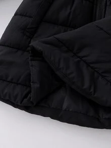 Elladie kids 1件女童2026冬季新款黑色絎縫長款加厚棉襖外套，前拉鍊設計，彈性袖口，附帽，保暖時尚百搭戶外通勤夾克 - 黑色 - 查看 9