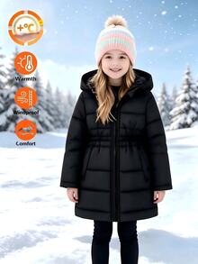 Elladie kids 1件女童2026冬季新款黑色絎縫長款加厚棉襖外套，前拉鍊設計，彈性袖口，附帽，保暖時尚百搭戶外通勤夾克 - 黑色 - 查看 3