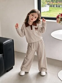 SHEIN Elladie kids 2pcs/Set Girls Striped Collar Long Sleeve Knit Top & Pants Set, Fashionable Children Casual Wear, Suitable For Early Autumn - Khaki - View 9