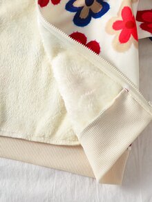 8-12歲女孩可愛牛仔女孩復古花卉印花長袖抓絨內裡拉鍊連帽外套上衣 學生款 秋冬 米色 - 杏色 - 查看 8