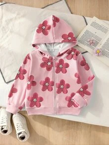 女童秋冬可愛滿版花卉圖案拉鍊連帽夾克休閒長袖運動衫外套秋季服飾 - 粉色 - 查看 4