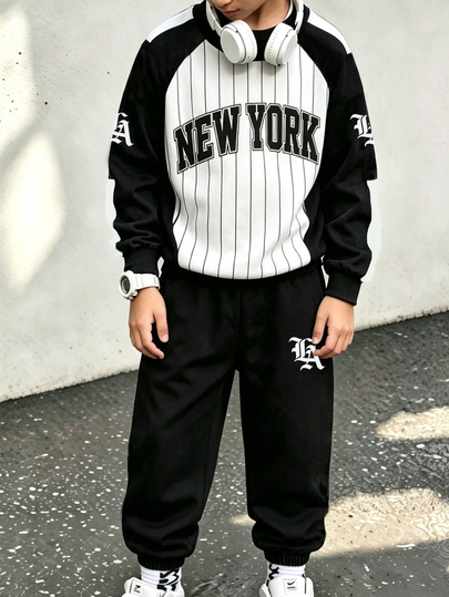2pcs/Set Teen Boys Colorblock Sweatshirt & Joggers Set, Crew Neck Long Sleeve Pullover, NEW YORK & LA Gothic Letter Print, Thickened For Autumn/Winter, Street Casual Two Pieces Outfit For Big Kids