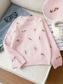 SHEIN 女童粉色花卉刺繡針織毛衣，柔軟舒適圓領套頭衫，輕盈穿著感，可愛休閒童裝，兒童時尚，秋冬款 - 粉色 - 查看 7