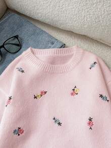 SHEIN 女童粉色花卉刺繡針織毛衣，柔軟舒適圓領套頭衫，輕盈穿著感，可愛休閒童裝，兒童時尚，秋冬款 - 粉色 - 查看 4