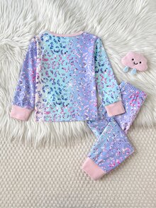 SHEIN 兒童青少年女孩秋冬日常居家甜美卡通螢光彩色豹紋亮片長袖套頭上衣與配套長褲2件式居家服套裝，淺藍粉漸層紮染修身款 - 彩色 - 查看 2