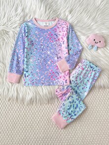 SHEIN 兒童青少年女孩秋冬日常居家甜美卡通螢光彩色豹紋亮片長袖套頭上衣與配套長褲2件式居家服套裝，淺藍粉漸層紮染修身款 - 彩色 - 查看 3