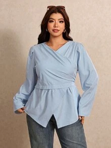 Elaquor Plus Size Autumn Casual Striped Wrap Shirt Casual Elegant Office Business Work Blouse For Women Fall/Winter Elegant Going Out Striped Blouse Women - Blue and White - View 4
