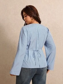 Elaquor Plus Size Autumn Casual Striped Wrap Shirt Casual Elegant Office Business Work Blouse For Women Fall/Winter Elegant Going Out Striped Blouse Women - Blue and White - View 2