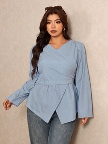 Elaquor Plus Size Autumn Casual Striped Wrap Shirt Casual Elegant Office Business Work Blouse For Women Fall/Winter Elegant Going Out Striped Blouse Women - Blue and White - View 5