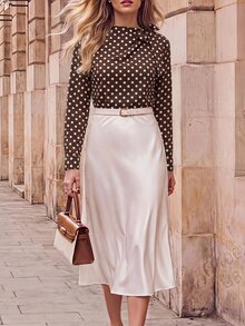 Editum Women's Polka Dot Pattern Long Sleeve Knot Shoulder Versatile Casual Blouse - Coffee Brown - View 3