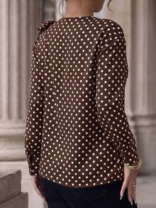 Editum Women's Polka Dot Pattern Long Sleeve Knot Shoulder Versatile Casual Blouse - Coffee Brown - View 2