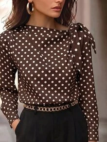 Editum Women's Polka Dot Pattern Long Sleeve Knot Shoulder Versatile Casual Blouse - Coffee Brown - View 1