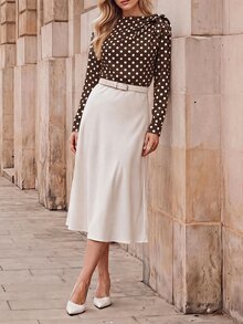 Editum Women's Polka Dot Pattern Long Sleeve Knot Shoulder Versatile Casual Blouse - Coffee Brown - View 4
