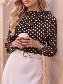 Editum Women's Polka Dot Pattern Long Sleeve Knot Shoulder Versatile Casual Blouse - Coffee Brown - View 8