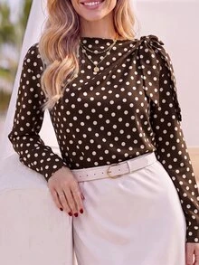 Editum Women's Polka Dot Pattern Long Sleeve Knot Shoulder Versatile Casual Blouse - Coffee Brown - View 5