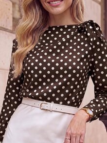 Editum Women's Polka Dot Pattern Long Sleeve Knot Shoulder Versatile Casual Blouse - Coffee Brown - View 6