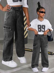 Tween Girl All-Match Casual Fashion Loose Fit Wide Leg Washed Cargo Denim Pants Summer Holiday Autumn Fall - Black - View 6