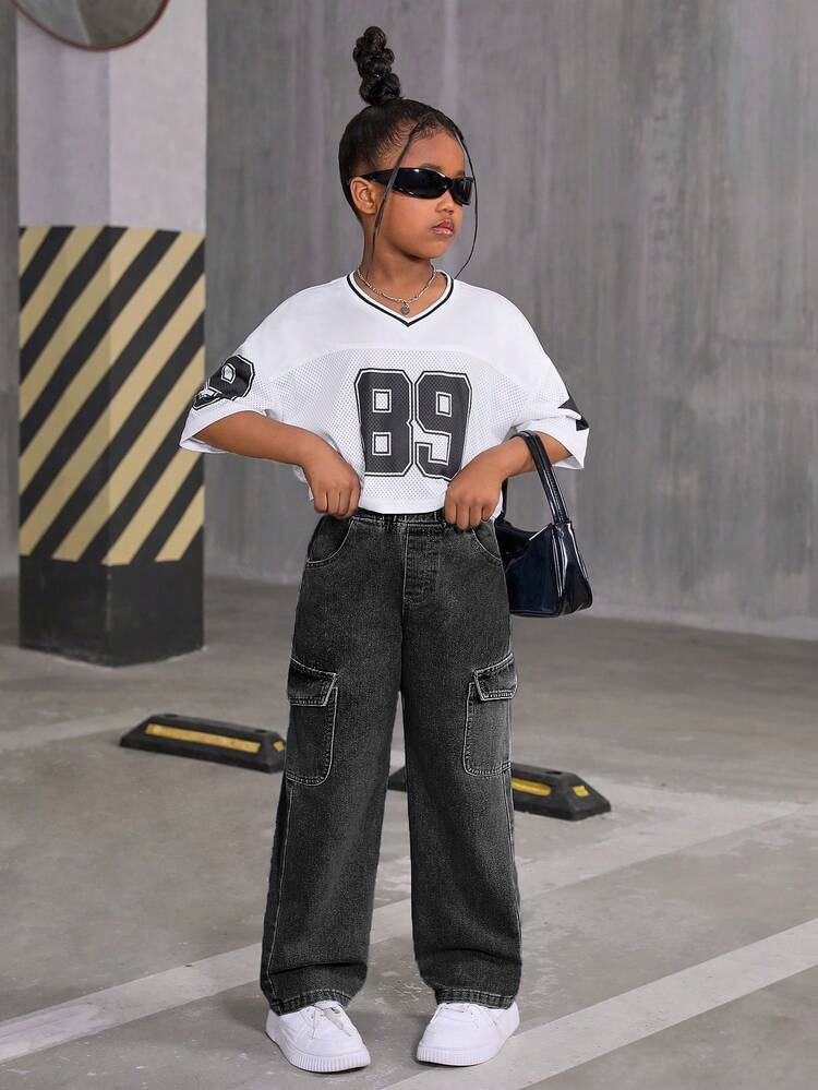 Tween Girl All-Match Casual Fashion Loose Fit Wide Leg Washed Cargo Denim Pants Summer Holiday Autumn Fall - Black - View 4