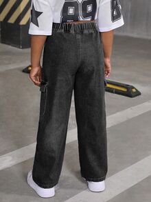 Tween Girl All-Match Casual Fashion Loose Fit Wide Leg Washed Cargo Denim Pants Summer Holiday Autumn Fall - Black - View 3