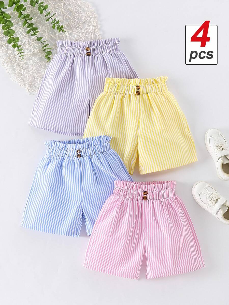 SHEIN Elladie kids 4件套女童休闲条纹短裤，夏季幼儿下装