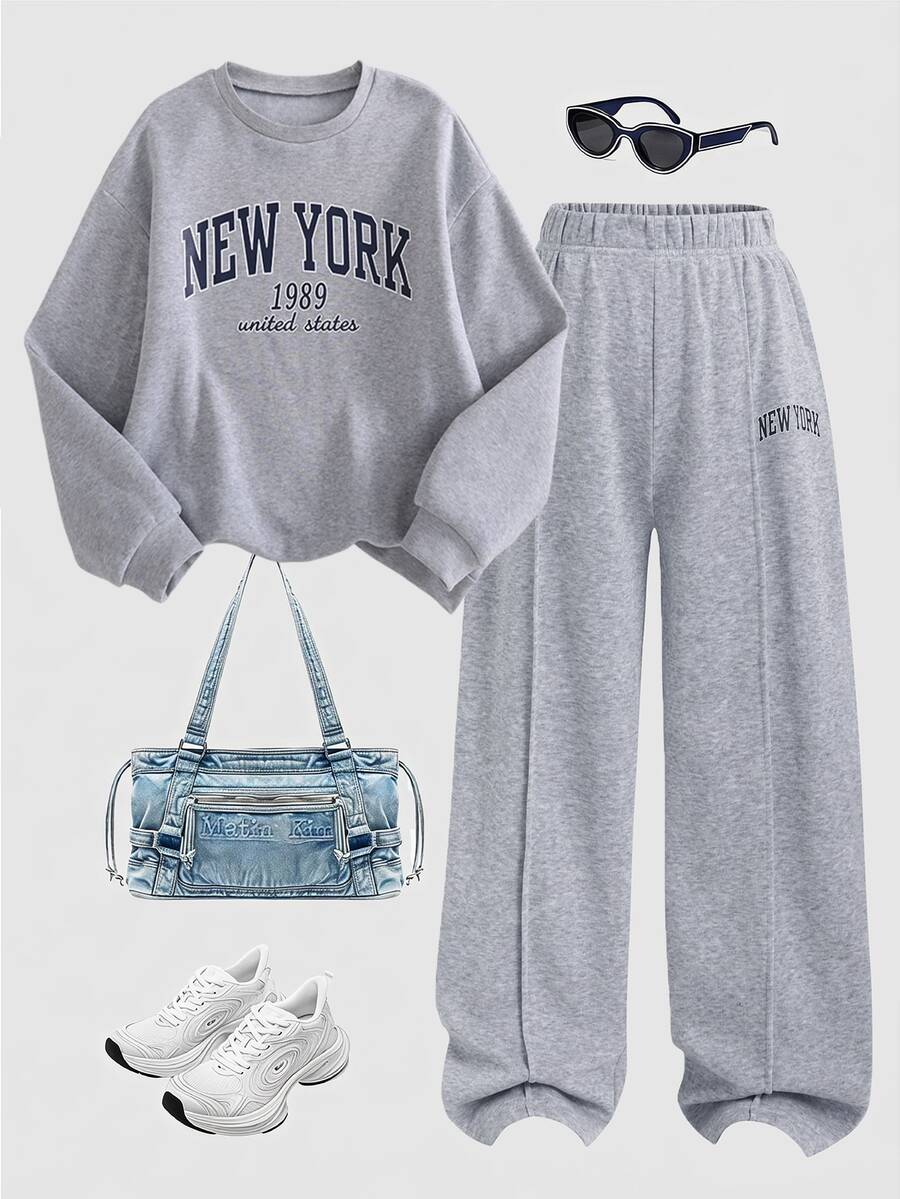SHEIN 青少年女孩秋冬休閒保暖內裡加厚運動衫套裝，紐約市印花寬鬆圓領落肩長袖套頭運動衫與配套印花百褶寬腿直筒運動長褲套裝，2件式運動衫套裝，麻灰色，兒童秋季疊穿，運動套裝，外出，街頭風，校園休閒 - 淺灰色 - 查看 1