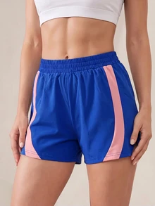 Easithlete Women's Striped Colorblock Elastic Waist Sports Shorts - Navy Blue - View 5