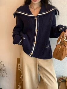DAZY Cardigan Wanita Lengan Panjang Kerah Biru Tua Motif Blok Warna Feminin dengan Kantong Jala untuk Musim Gugur - Navy Blue - View 7