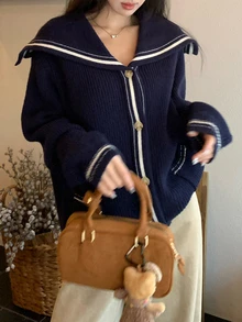 DAZY Cardigan Wanita Lengan Panjang Kerah Biru Tua Motif Blok Warna Feminin dengan Kantong Jala untuk Musim Gugur - Navy Blue - View 9