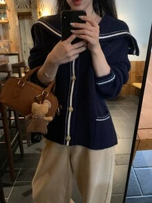 DAZY Cardigan Wanita Lengan Panjang Kerah Biru Tua Motif Blok Warna Feminin dengan Kantong Jala untuk Musim Gugur - Navy Blue - View 4