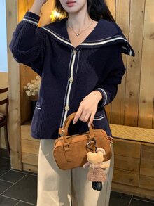 DAZY Cardigan Wanita Lengan Panjang Kerah Biru Tua Motif Blok Warna Feminin dengan Kantong Jala untuk Musim Gugur - Navy Blue - View 8