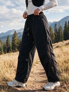 WanderVale Women's All-Season American Style Mesh Parachute Pants, Loose Straight Leg Wide Leg Casual Sports Long Pants - Black - View 3