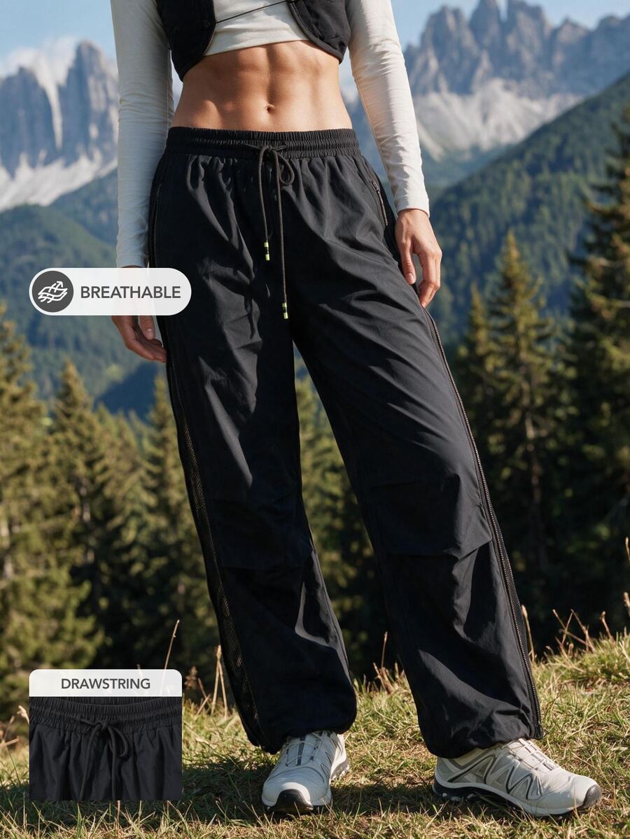 WanderVale Women's All-Season American Style Mesh Parachute Pants, Loose Straight Leg Wide Leg Casual Sports Long Pants - Black - View 1