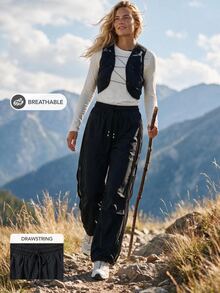 WanderVale Women's All-Season American Style Mesh Parachute Pants, Loose Straight Leg Wide Leg Casual Sports Long Pants - Black - View 2