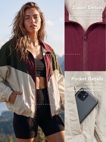 WanderVale Women's Multi-Color Patchwork Windbreaker Jacket, Spring/Autumn, Turn-Down Collar, Drawstring Hem, Long Sleeve, Minimalist Elegant Style, Suitable For Fitness, Sports, Daily Wear And Occasions - Multicolor - View 7