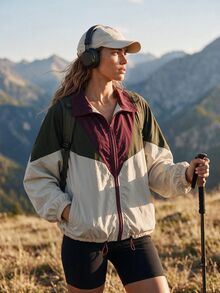 WanderVale Women's Multi-Color Patchwork Windbreaker Jacket, Spring/Autumn, Turn-Down Collar, Drawstring Hem, Long Sleeve, Minimalist Elegant Style, Suitable For Fitness, Sports, Daily Wear And Occasions - Multicolor - View 3