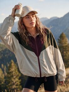 WanderVale Women's Multi-Color Patchwork Windbreaker Jacket, Spring/Autumn, Turn-Down Collar, Drawstring Hem, Long Sleeve, Minimalist Elegant Style, Suitable For Fitness, Sports, Daily Wear And Occasions - Multicolor - View 4