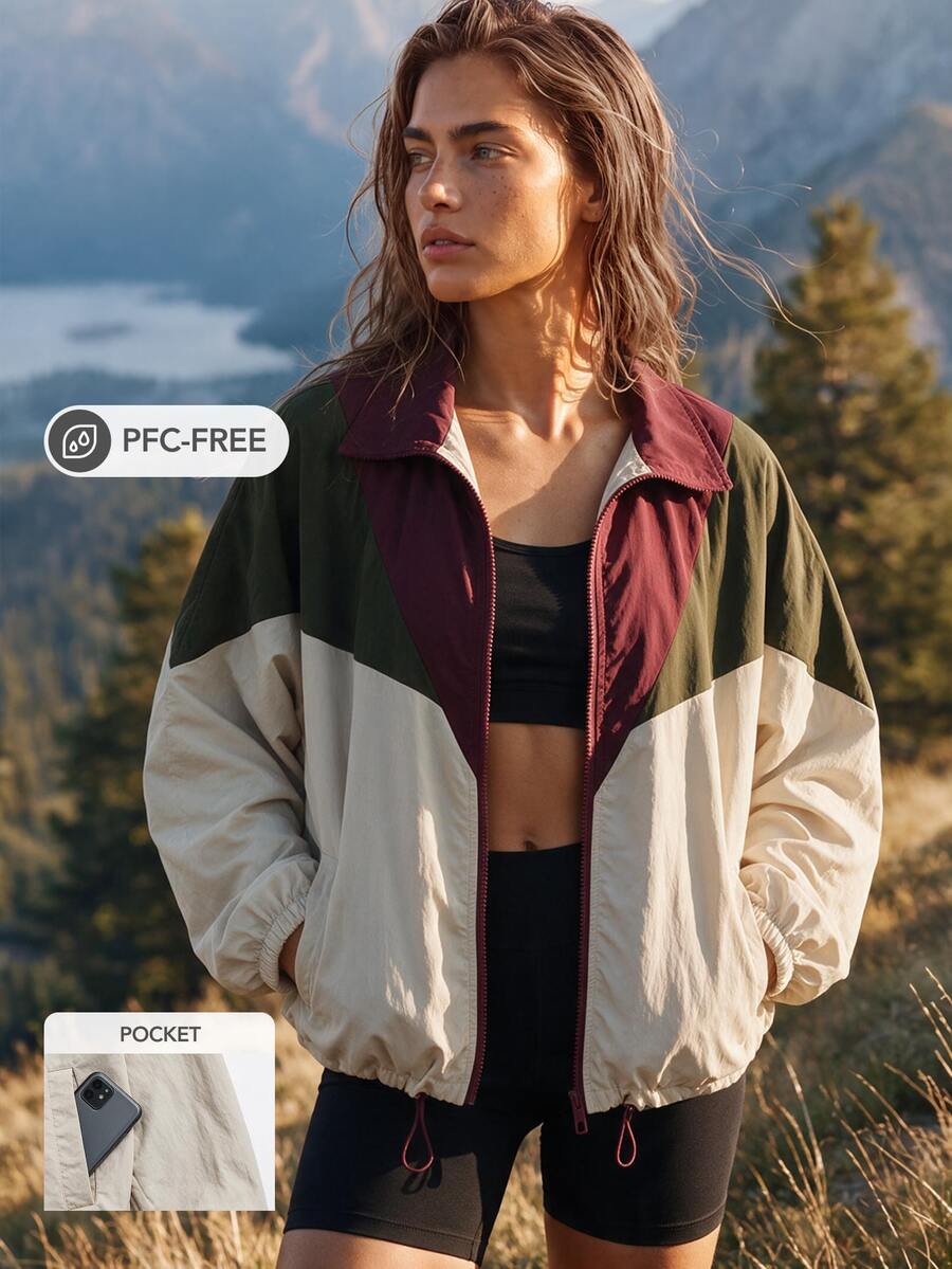 WanderVale Women's Multi-Color Patchwork Windbreaker Jacket, Spring/Autumn, Turn-Down Collar, Drawstring Hem, Long Sleeve, Minimalist Elegant Style, Suitable For Fitness, Sports, Daily Wear And Occasions - Multicolor - View 1