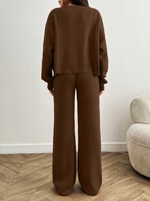 EURMUSE Women Bow Tie Front Detailed Cardigan And Sweater Pant 2 Two Pieces Set - Brown - View 2